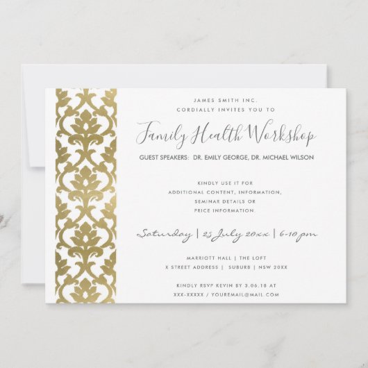 FORMAL IMITATS GOLD WHITE DAMASK WORKSHOP-VERANSTA EINLADUNG (Vorderseite)