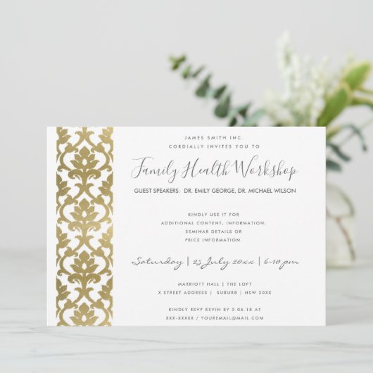FORMAL IMITATS GOLD WHITE DAMASK WORKSHOP-VERANSTA EINLADUNG (Stehend Vorderseite)
