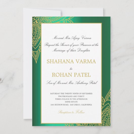 Formal Indian Style Foto Green Gold Chic Hochzeit Einladung (Rückseite)