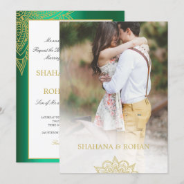 Formal Indian Style Foto Green Gold Chic Hochzeit Einladung
