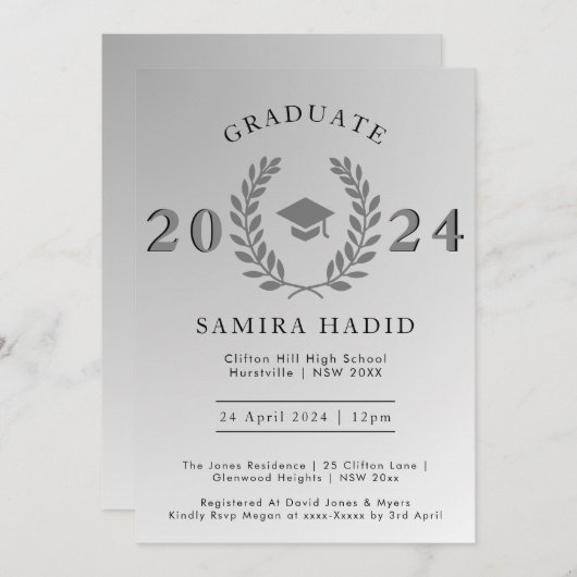 Formal Laurel Wreath Silver Graduation Cap Party Einladung (Vorne/Hinten)