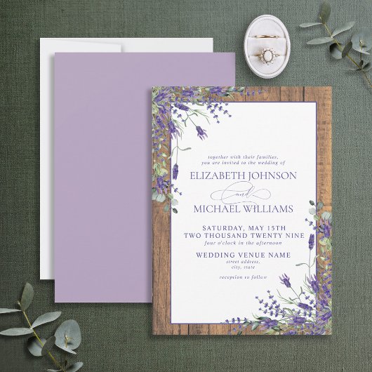 Formal Lavender Eucalyptus Wood Script Wedding Einladung
