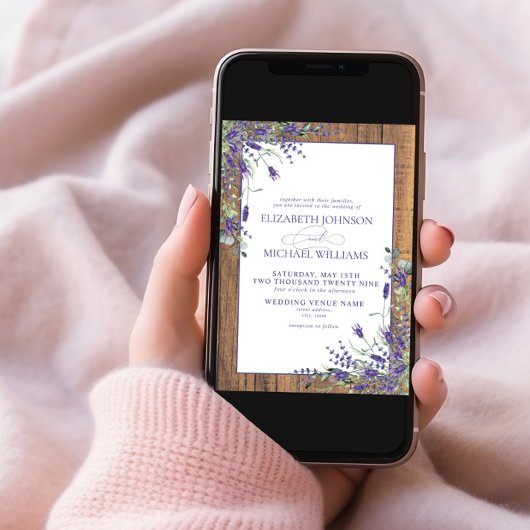 Formal Lavender Eucalyptus Wood Script Wedding Einladung