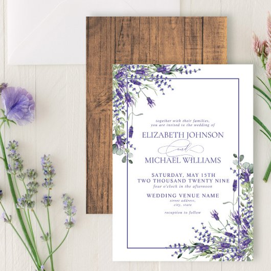 Formal Lavender Eucalyptus Wood Script Wedding Einladung