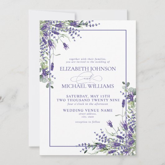 Formal Lavender Eucalyptus Wood Script Wedding Einladung (Vorderseite)