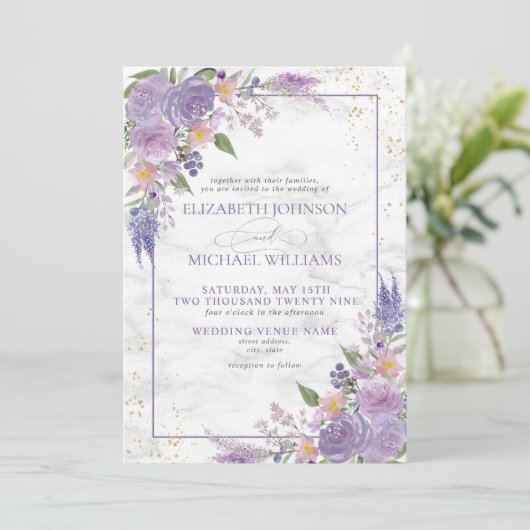 Formal Lavender Lilac Marble Gold Floral Wedding Einladung (Stehend Vorderseite)