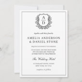 Formal Leafy Wappen Monogram Wedding Elegant Einladung (Vorderseite)