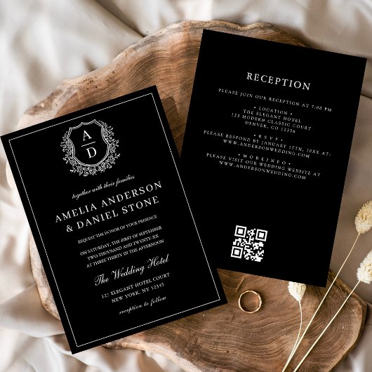 Formal Leafy Wappen Monogram Wedding QR Code Einladung
