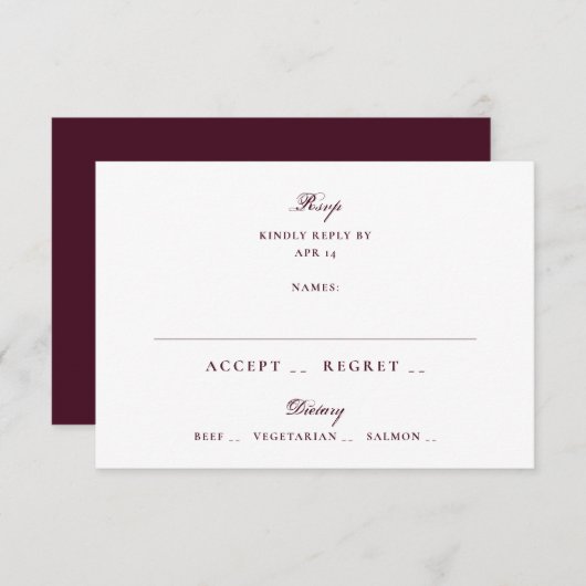 Formal Maroon Plum Calligraphy Elegant Wedding RSVP Karte (Vorne/Hinten)