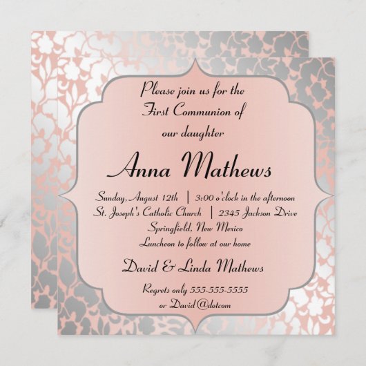 Formal Metallische Pfirsich Floral Erste Kommune Einladung (Vorne/Hinten)