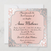 Formal Metallische Pfirsich Floral Erste Kommune Einladung (Vorderseite)