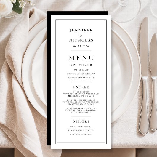 Formal Minimal Black And White Wedding Menükarte