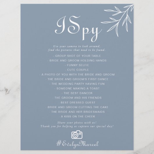 Formal Minimal Dusty Blue I Spy Wedding Game (Vorderseite)