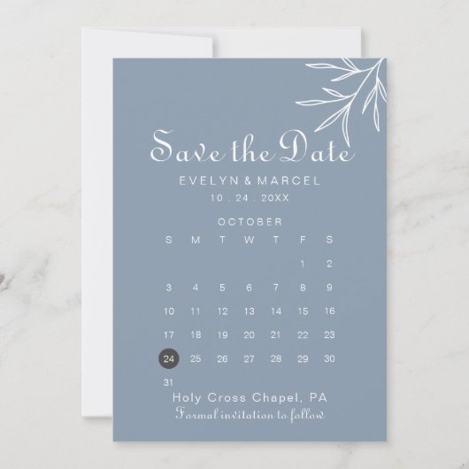 Formal Minimal Dusty Blue Save the Date Calendar (Vorderseite)