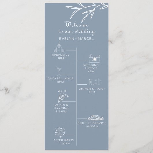 Formal Minimal Dusty Blue Timeline Hochzeit Programm (Vorderseite)