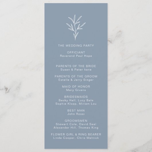 Formal Minimal Dusty Blue Timeline Hochzeit Programm (Rückseite)