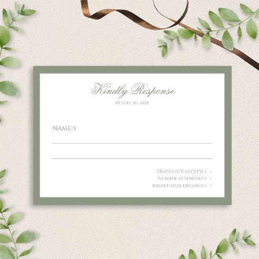 Formal Minimal Sage Green Border Script Hochzeit RSVP Karte