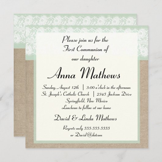 Formal Mint Burlap Erste Kommune Einladung (Vorne/Hinten)