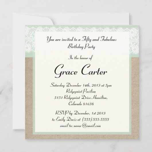 Formal Mint Burlap Lace Geburtstag Einladung (Vorderseite)