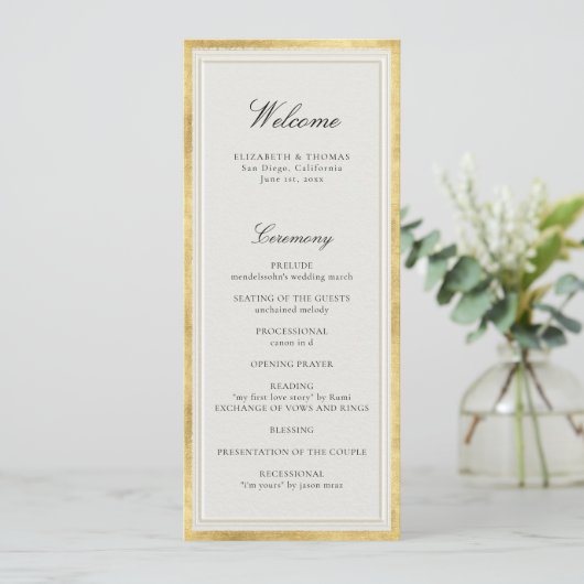 Formal Modern Classic Ecru Gold Wedding Program (Stehend Vorderseite)