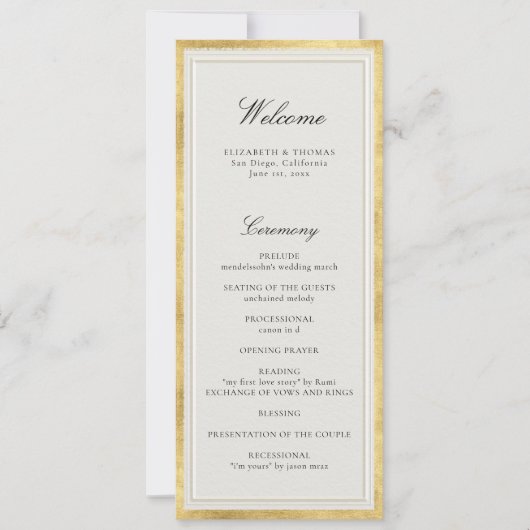 Formal Modern Classic Ecru Gold Wedding Program (Vorderseite)
