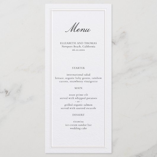 Formal Modern Classic Elevated Frame Pearl Wedding Menükarte (Vorderseite)