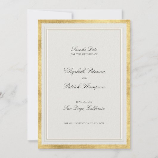 Formal Modern Classic Elevated Gold Ecru Wedding Save The Date (Vorderseite)