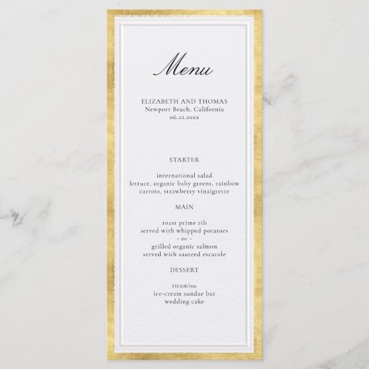 Formal Modern Classic Elevated Gold Pearl Wedding Menükarte (Vorderseite)