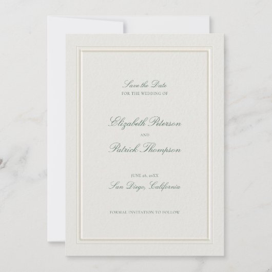 Formal Modern Classic Elevated Green Ecru Wedding Save The Date (Vorderseite)
