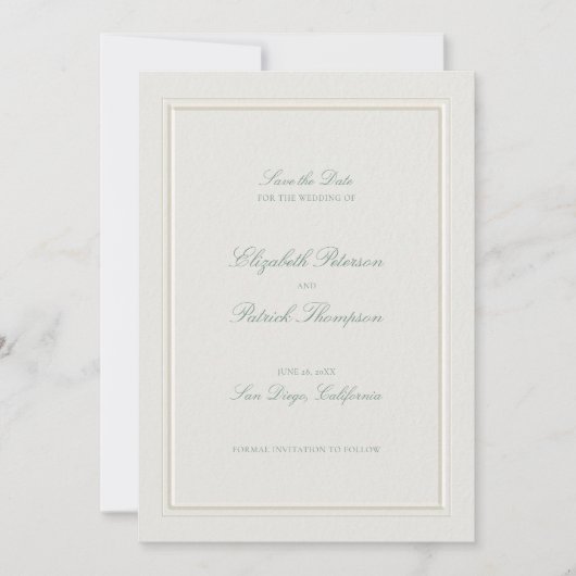 Formal Modern Classic Elevated Sage Ecru Wedding Save The Date (Vorderseite)