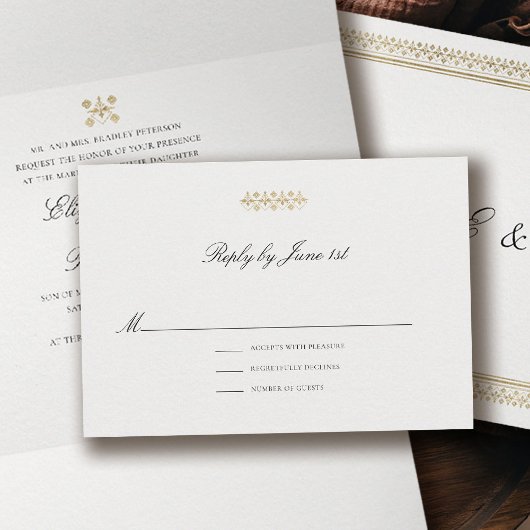 Formal Modern Classic Golden Lys Ivory Wedding RSVP Karte