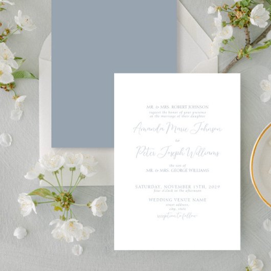 Formal Moderne Kalligrafie Dusty Blue Wedding Einladung