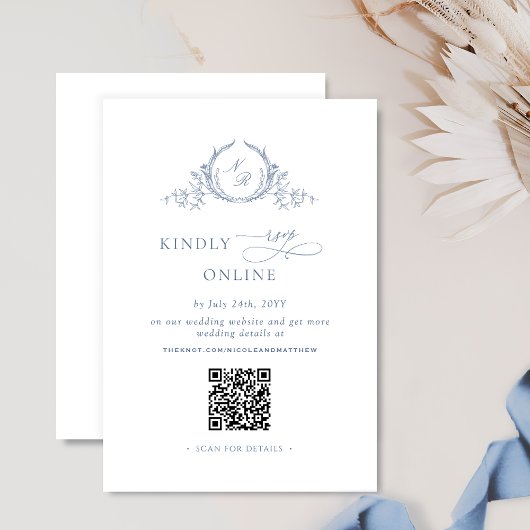 Formal Monogram Dusty Blue QR Code Wedding RSVP Begleitkarte