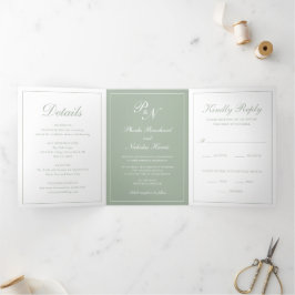Formal Monogram Foto Sage Green Wedding Dreifach Gefaltete Einladung