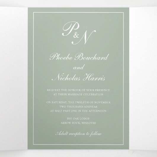 Formal Monogram Foto Sage Green Wedding Dreifach Gefaltete Einladung (Innenseite Mitte)