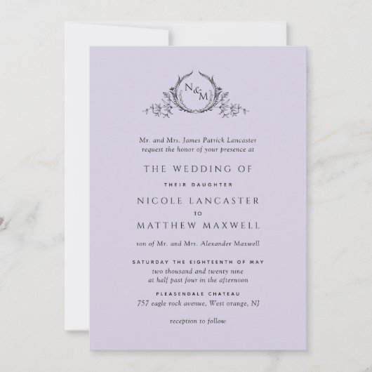 Formal Monogram Lavender Wedding Einladung (Vorderseite)