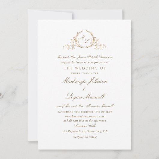Formal Monogram White and Gold Elegante Wedding Einladung (Vorderseite)