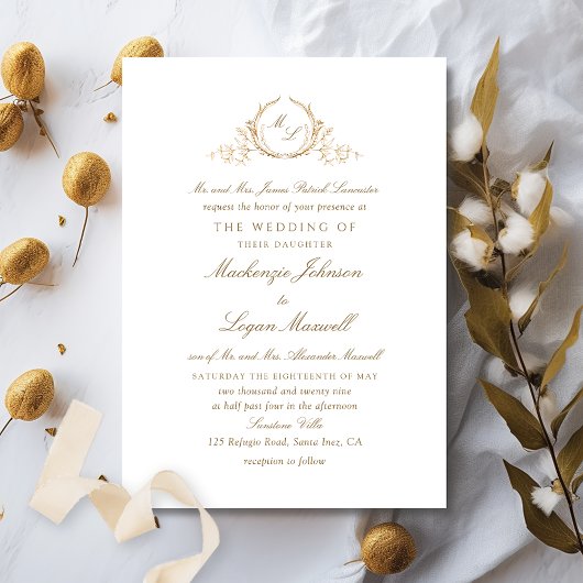 Formal Monogram White and Gold Elegante Wedding Einladung