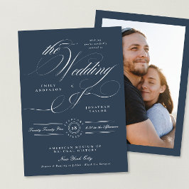 Formal Navy Blue Elegant Calligraphy Foto Hochzeit Einladung