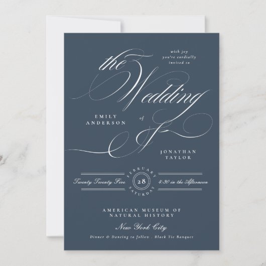 Formal Navy Blue Elegant Calligraphy Foto Hochzeit Einladung (Vorderseite)