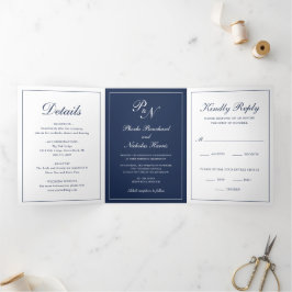Formal Navy Blue Monogram Foto Elegante Hochzeit Dreifach Gefaltete Einladung