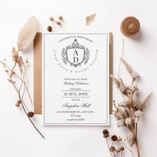 Formal Ornate Crest Monogram Wedding Invitation Einladung