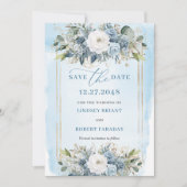 Formal Pastel Blue White Gold Floral Save the Date Einladung (Vorderseite)