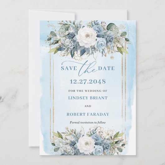 Formal Pastel Blue White Gold Floral Save the Date Einladung (Vorderseite)