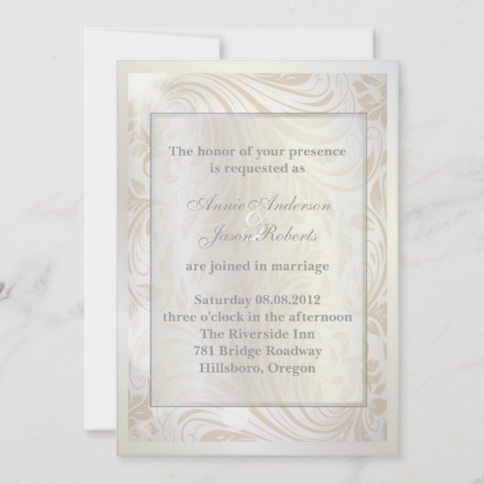 Formal Pearl White Damask Einladung (Rückseite)