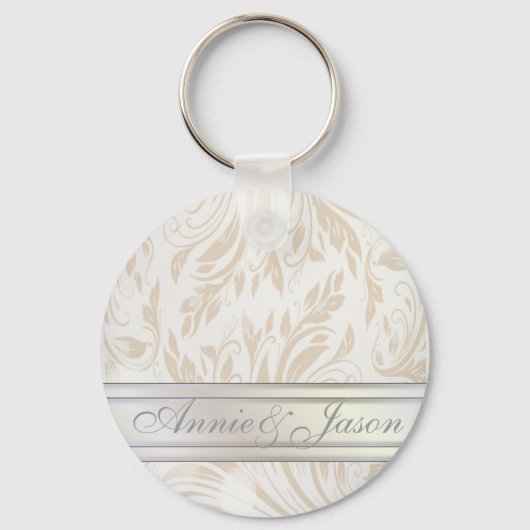 Formal Pearl White Damask Wedding Gefallen Schlüsselanhänger (Vorderseite)