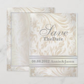 Formal Pearl White Damask Wedding Save the Date Ankündigungspostkarte (Vorne/Hinten)