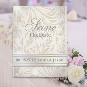 Formal Pearl White Damask Wedding Save the Date Ankündigungspostkarte