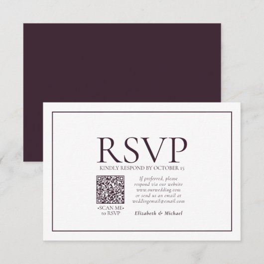 Formal Plum Classic QR Code Wedding RSVP Karte (Vorne/Hinten)