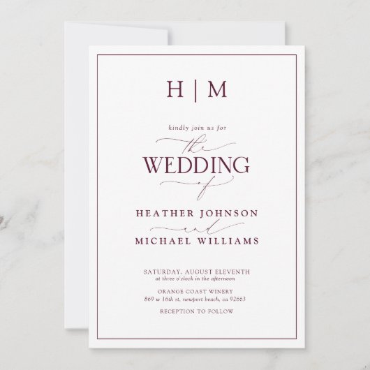 Formal QR Code Burgundy Monogram Script Hochzeit Einladung (Vorderseite)